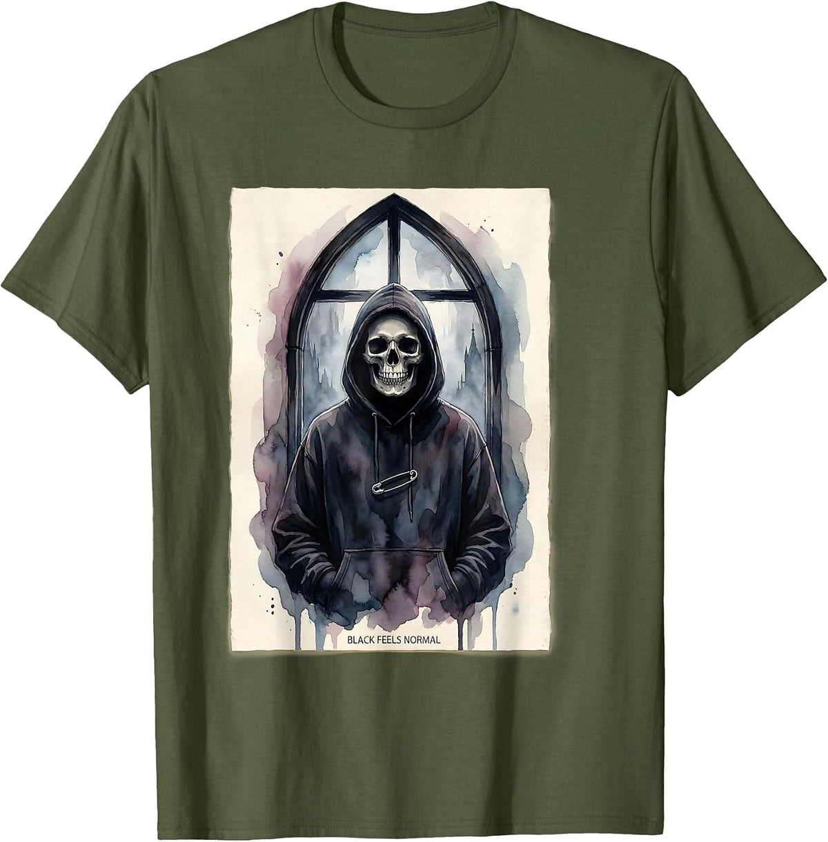 Black Feels Normal Watercolor Goth Alt Y2K Grunge Skull T-Shirt - Olive Green