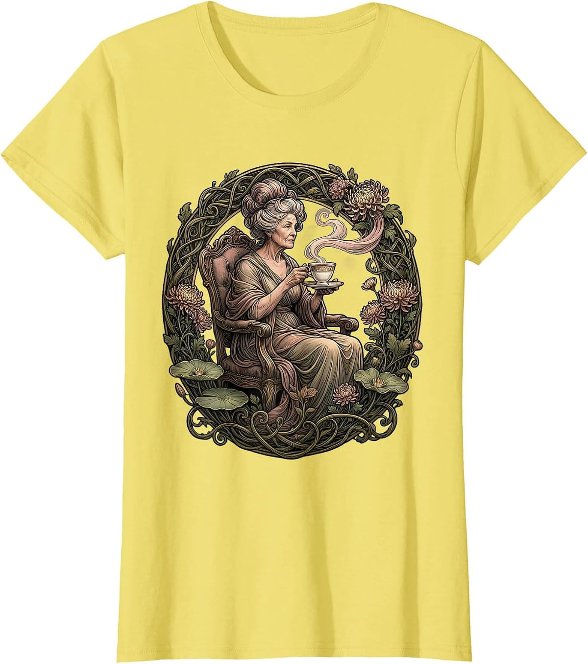 Mimi Grandma Sipping Tea Fancy Teacup Graphic T-Shirt - Lemon Yellow