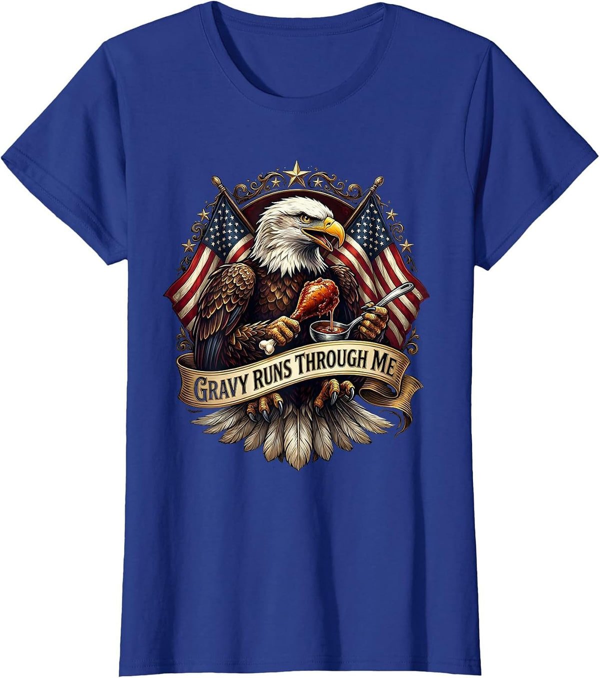 Women's Gravy Runs Through Me Thanksgiving Design T-Shirt - Royal Blue