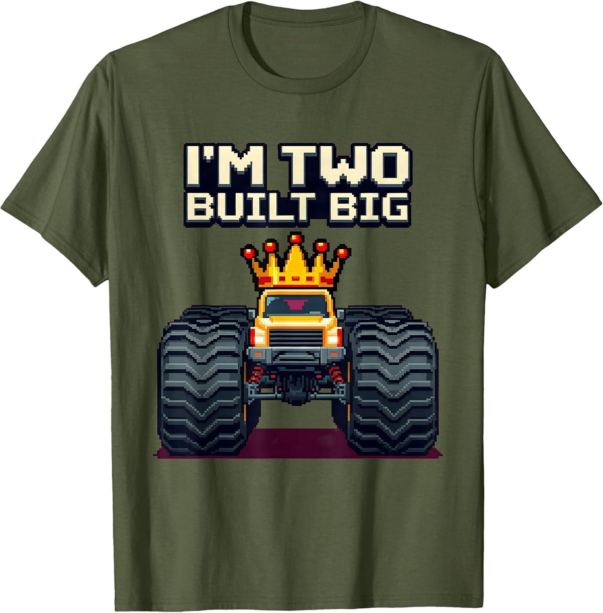 I'm Two, Built Big Pixel Art Monster Truck Boys Birthday T-Shirt - Olive Green