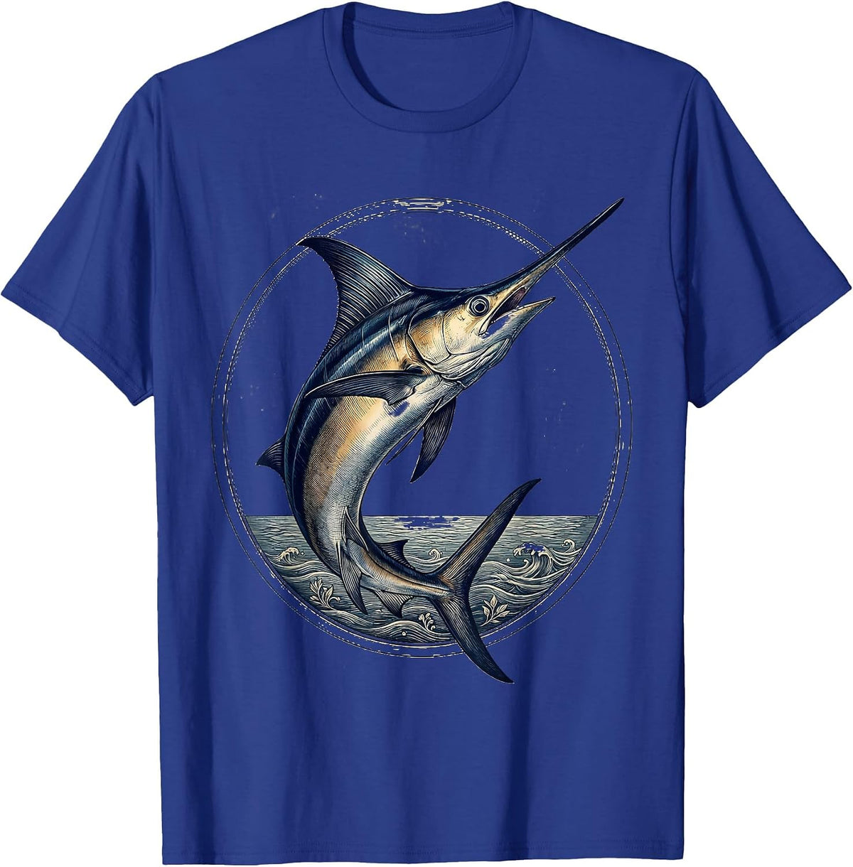 Men's Swordfish Breaking Ocean Surface Fishing Graphic T-Shirt - Royal Blue