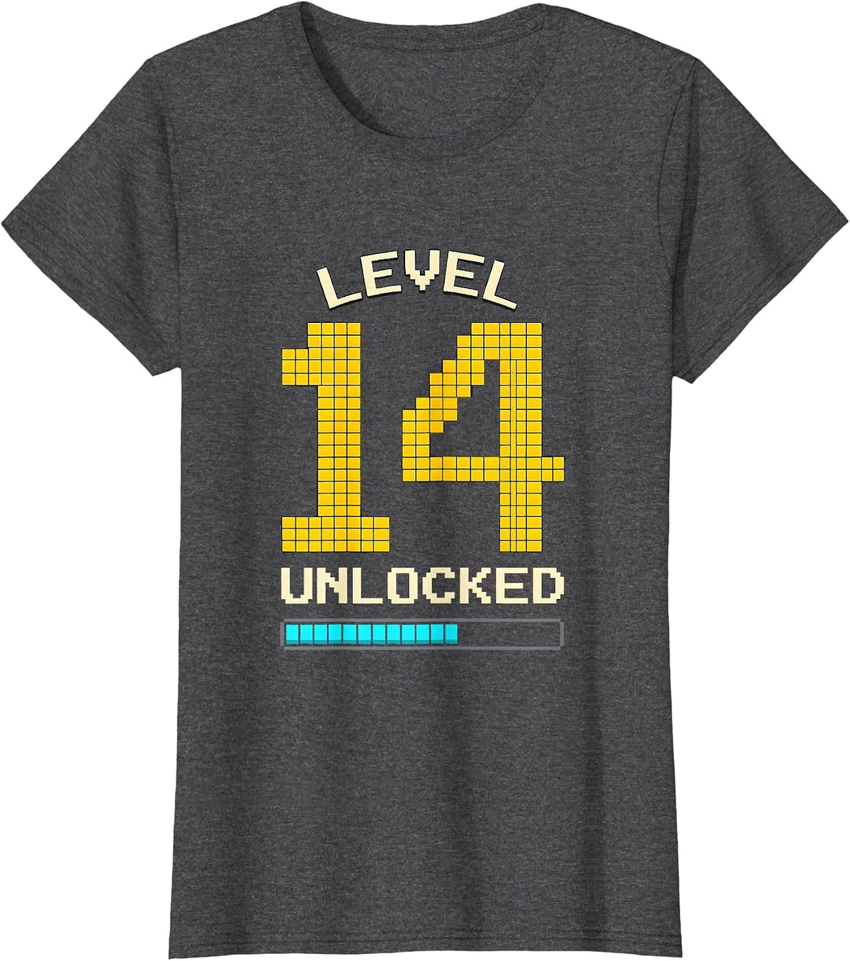 Women's Level 14 Unlocked Pixel Art Gamer Birthday Boy Video Game T-Shirt - Dark Heather Grey
