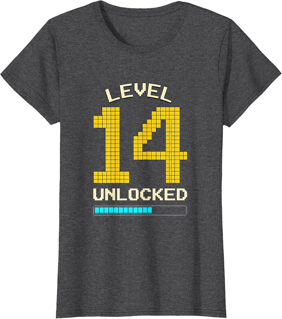 Women's Level 14 Unlocked Pixel Art Gamer Birthday Boy Video Game T-Shirt - Dark Heather Grey