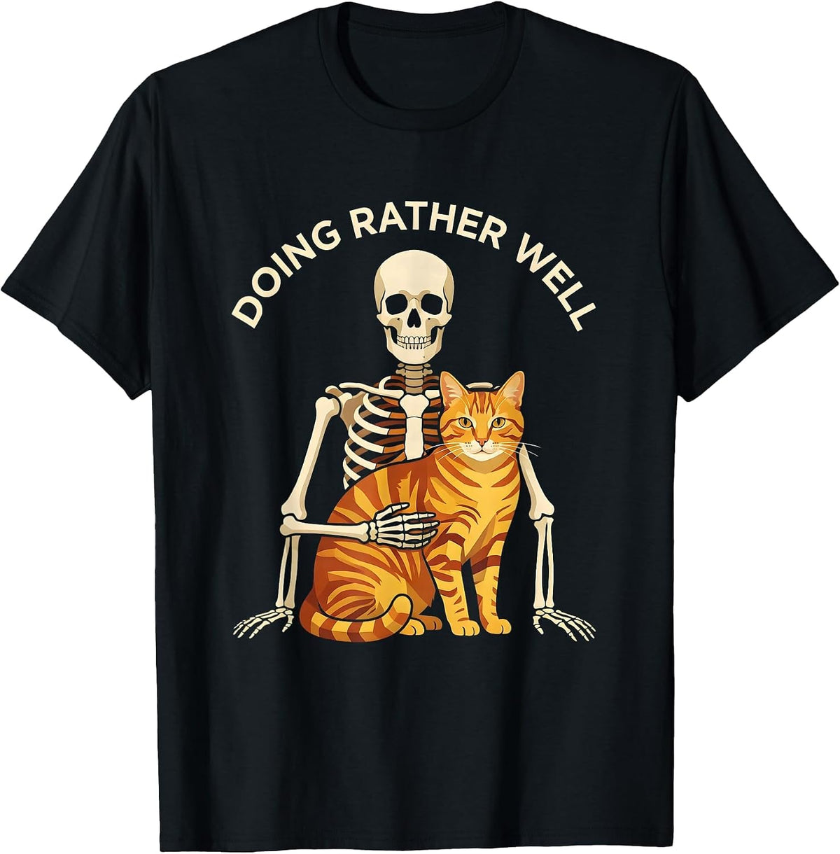 Men's Doing Rather Well Geometric Skeleton Hugging Cat Halloween T-Shirt - Black