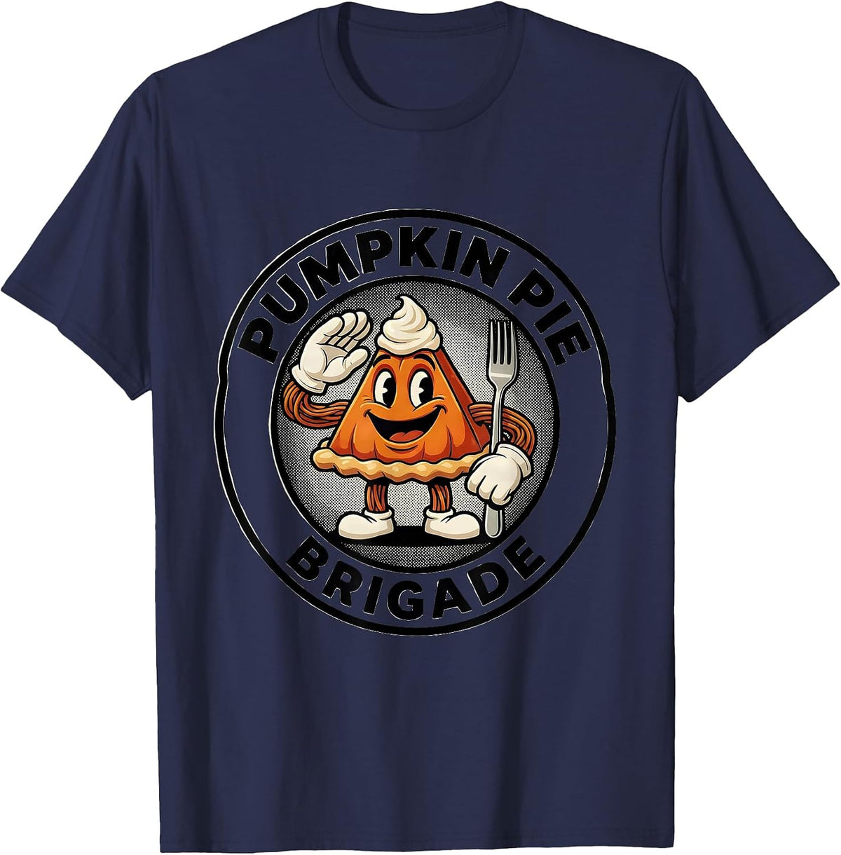 Pumpkin Pie Brigade Retro Cartoon Funny Thanksgiving Pie T-Shirt - Navy Blue