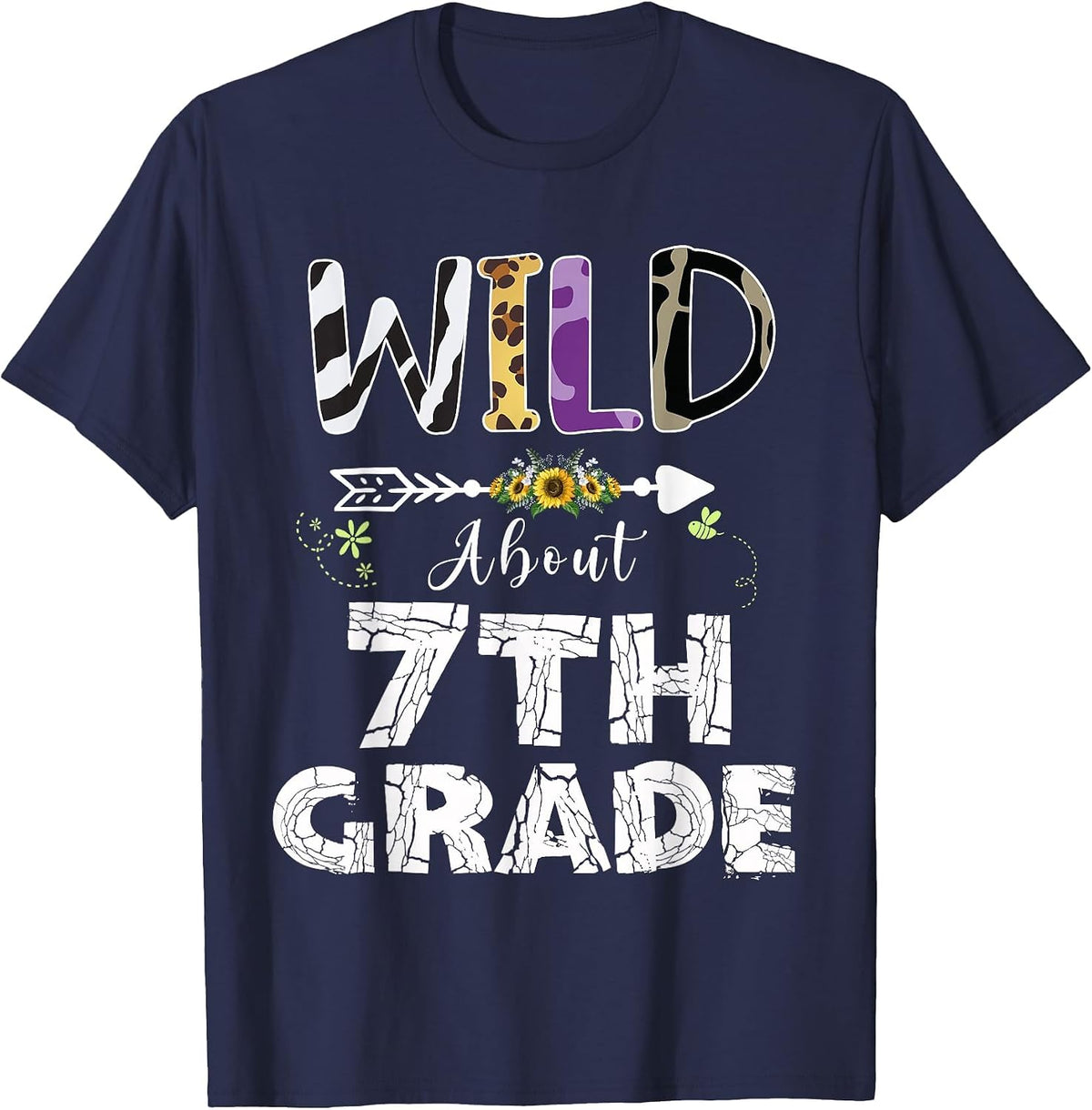 Wild About 7th Grade Flower Leopard Print Teacher Student T-Shirt - Navy Blue