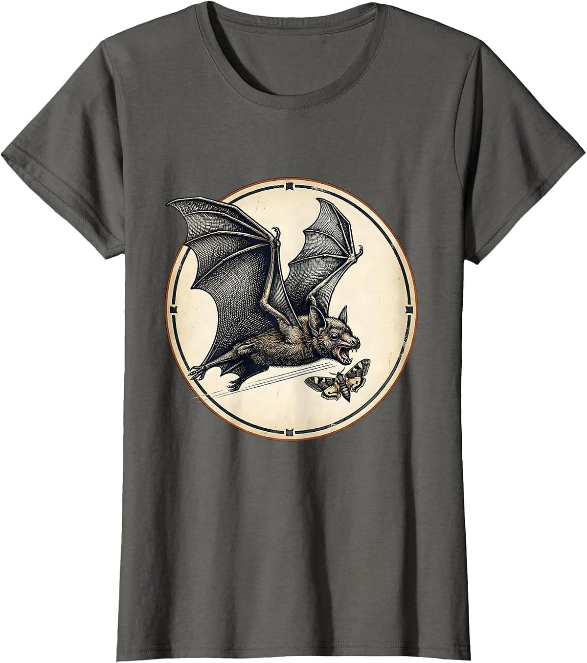 Women's Vintage Bat Lover Halloween Nature Illustration T-Shirt - Asphalt Grey