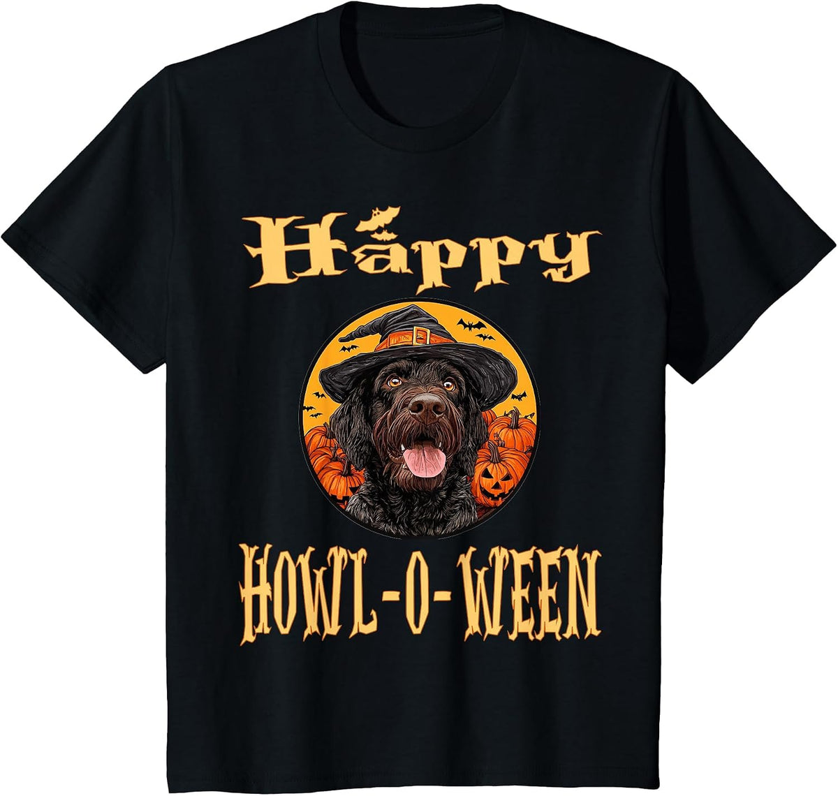German Wirehaired Pointer Dog Whitch Hat Halloween Pumpkin T-Shirt - Black