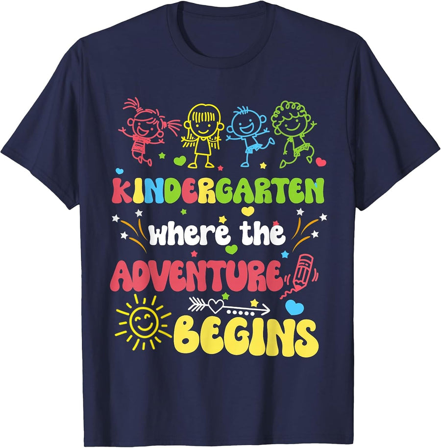 Kindergarten Where the Adventure Begins 1st Day of School T-Shirt - Navy Blue
