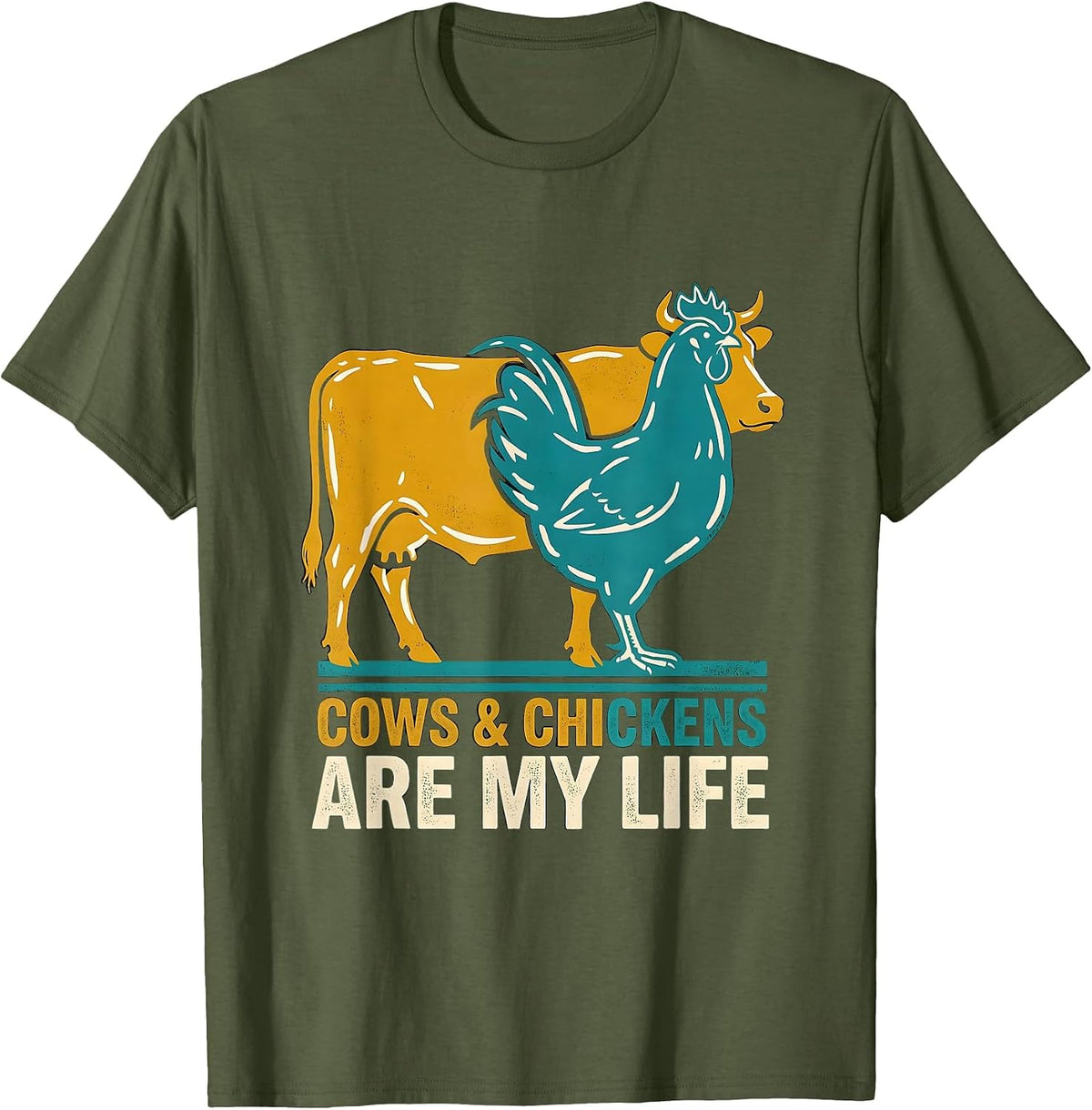 Men's Cows & Chickens Are My Life Midcentury Modern Farm Animal T-Shirt - Olive Green