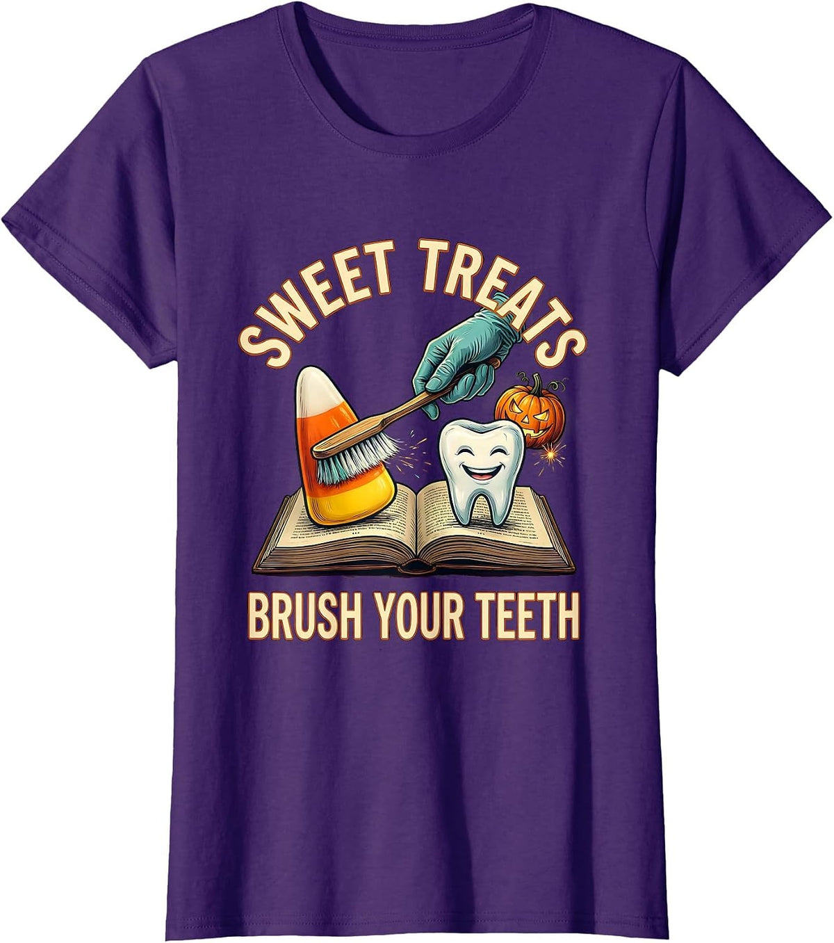 Women's Sweet Treats Brush Your Teeth Playful Dental Humor Halloween T-Shirt - Purple