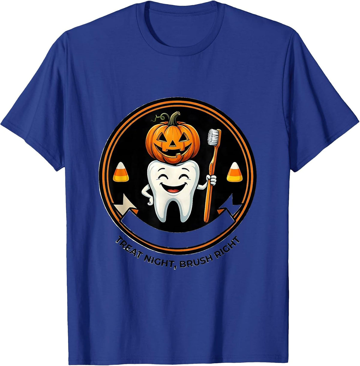 Men's Treat Night Brush Right Playful Dental Humor Halloween T-Shirt - Royal Blue