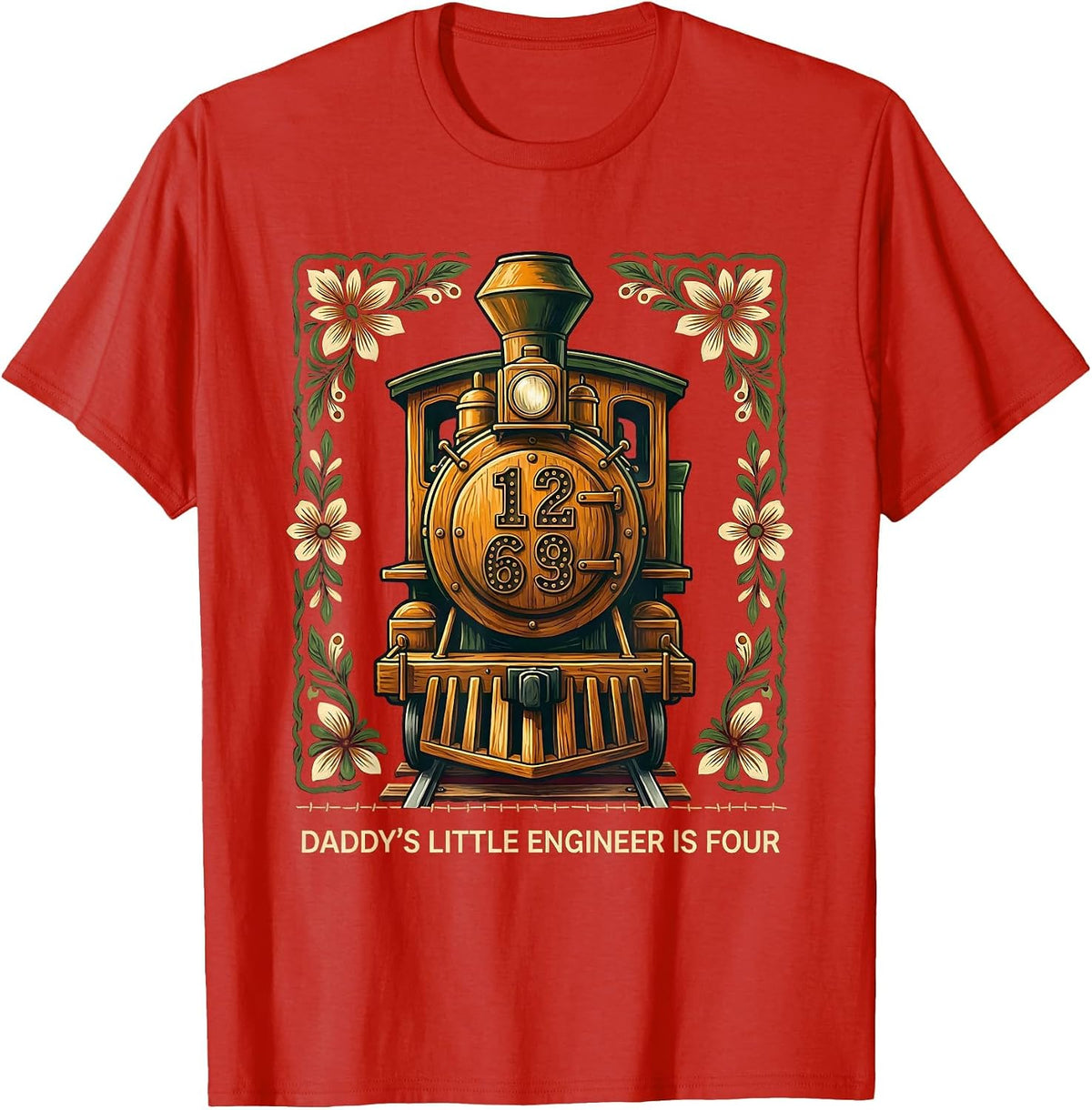 Men's Daddy's Little Engineer Is Four Folk Art Train Birthday T-Shirt - Red