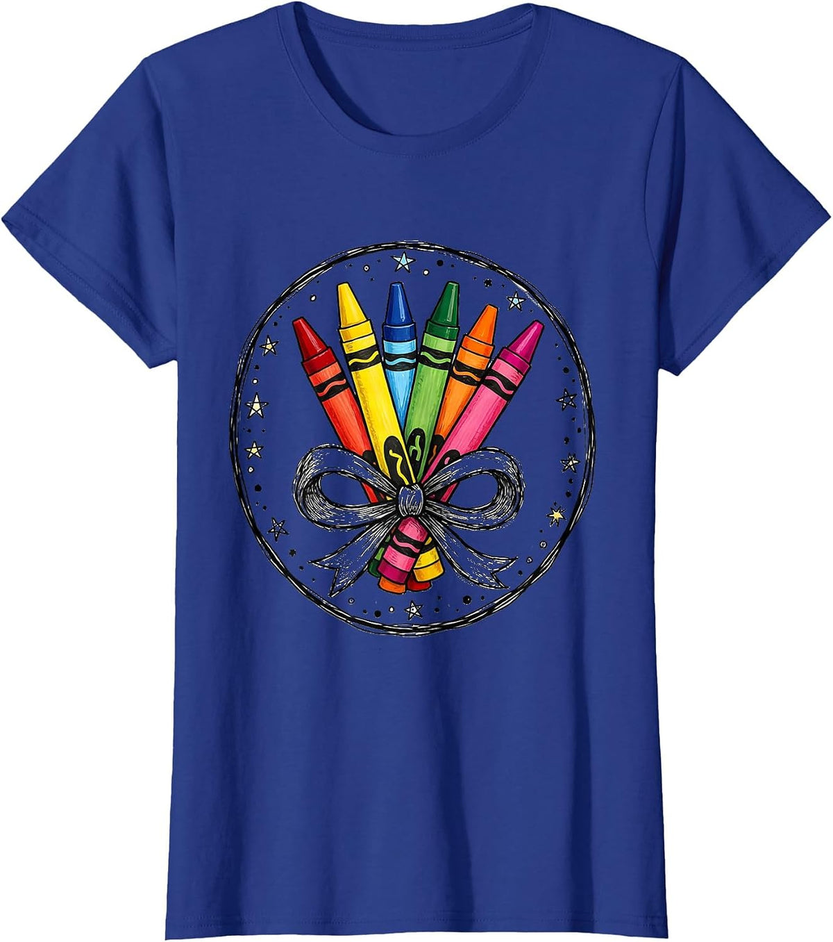 Women's Kindergarten Teacher Crayon Bundle Bow Graphic T-Shirt - Royal Blue