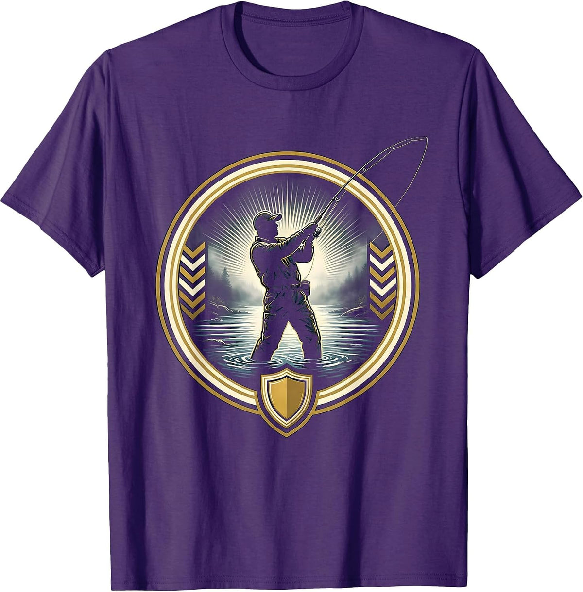 Fisherman Wading in River Fog Graphic T-Shirt - Purple