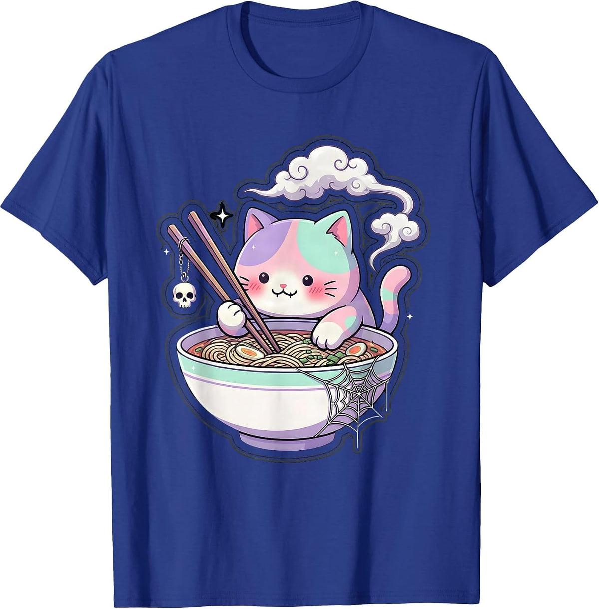 Cat Sipping Ramen Bowl With Chopsticks Graphic T-Shirt - Royal Blue
