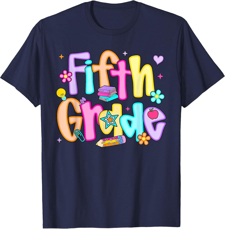 Preppy Fifth Grade Back to School 5th Grade Teacher Girl Boy T-Shirt - Navy Blue