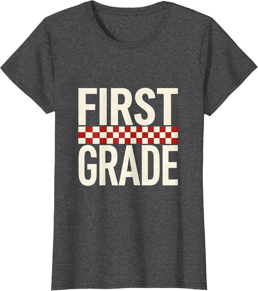 Women's First Grade Minimalist Retro Girl Teacher Back To School T-Shirt - Dark Heather Grey