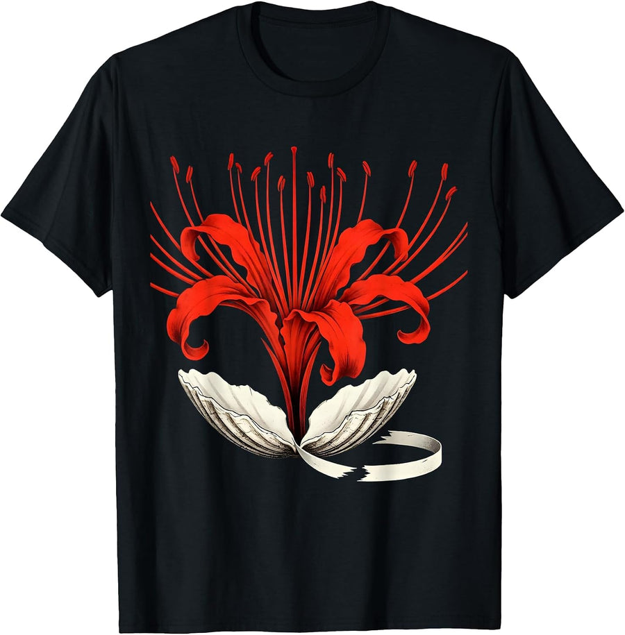 Men's Crimson Higanbana Horror Anime Goth Girl Aesthetic T-Shirt - Black