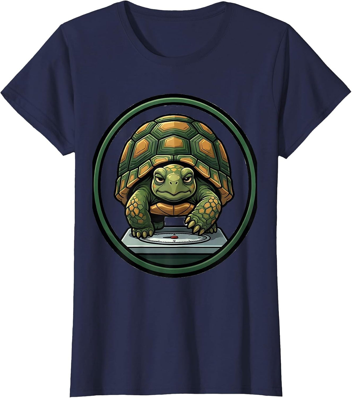 Women's Sealed Tortoise Badge Cartoon Turtle Lover Humor T-Shirt - Navy Blue