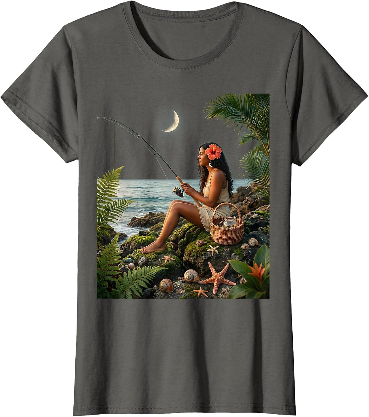 Women's Puerto Rico Coastal Cliff Fishing Illustration T-Shirt - Asphalt Grey