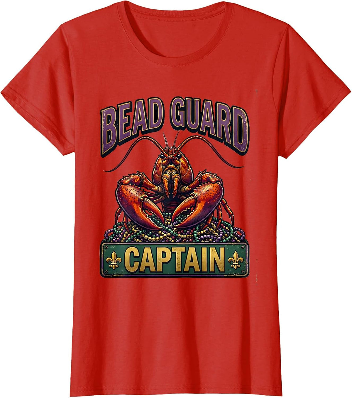 Bead Guard Captain Vintage Funny Mardi Gras Crawfish T-Shirt - Red