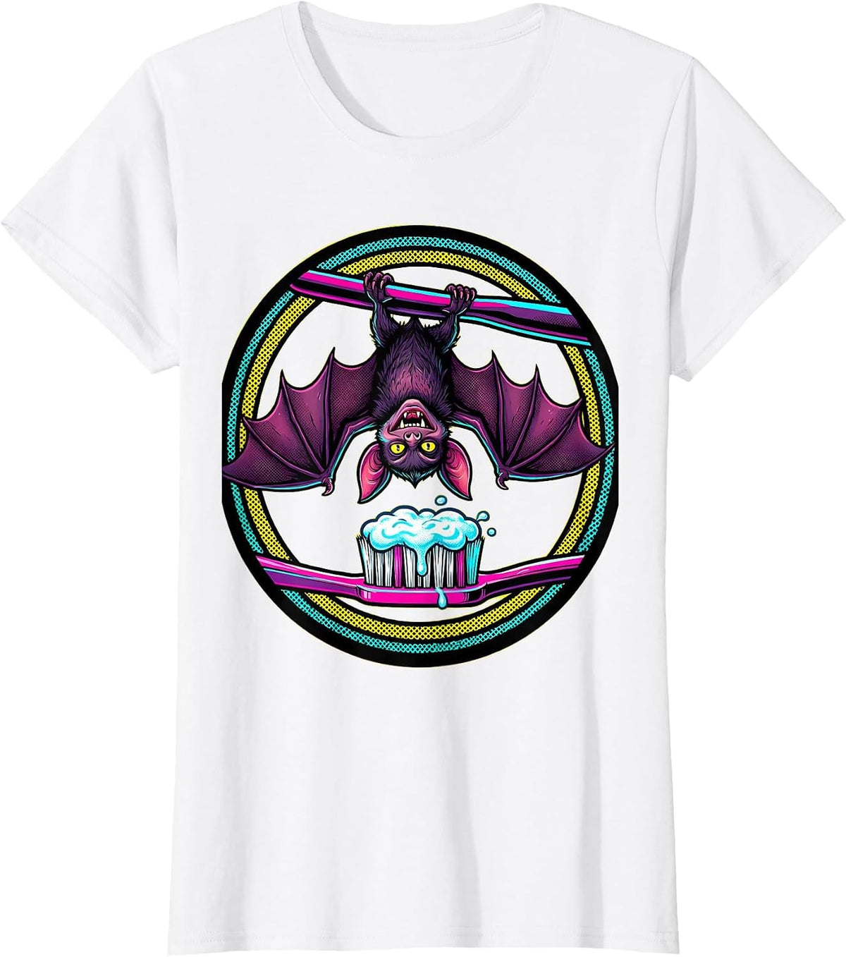 Vampire Bat on Toothbrush Halloween Dental Design T-Shirt - White