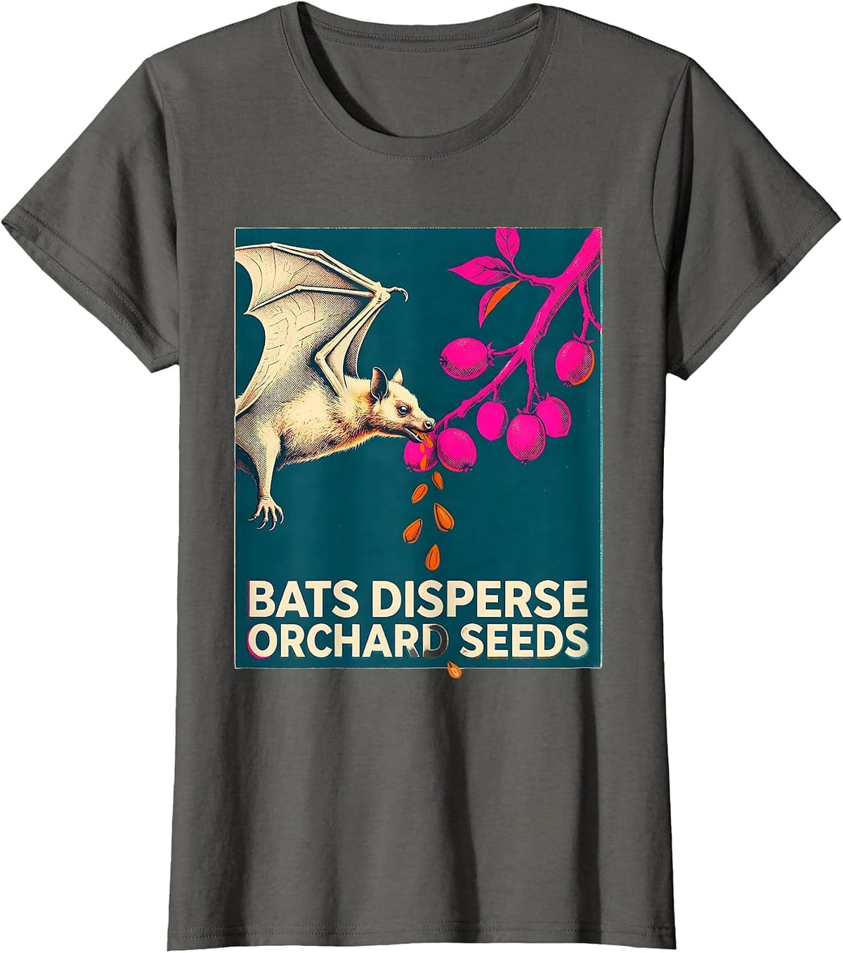 Women's Bats Disperse Orchard Seeds Risograph Bat Lover Nature T-Shirt - Asphalt Grey