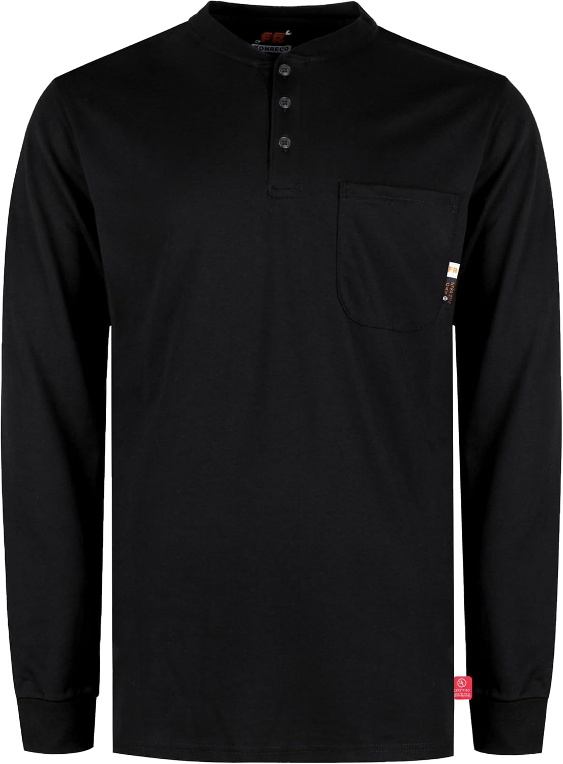 KONRECO FR Shirts for Men Long Sleeve 7oz Henley Shirt NFPA2112 CAT2 - Pocket Black