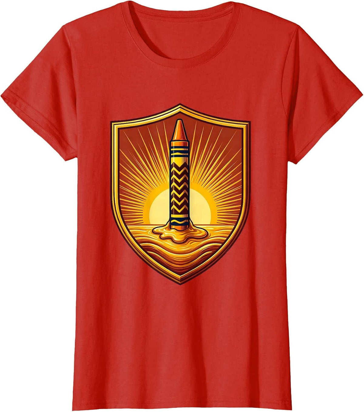 Kindergarten Teacher Crayon Sunrise Illustration T-Shirt - Red