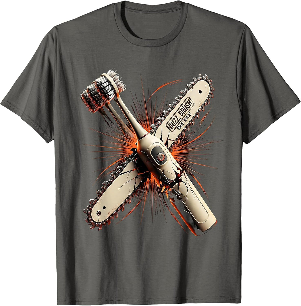 Halloween Dental Chainsaw Buzz Brush Scare Repeat T-Shirt - Asphalt Grey