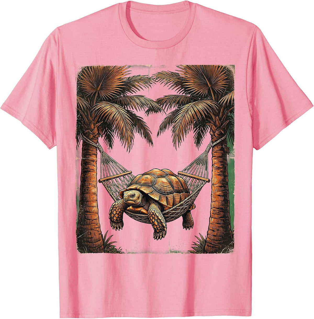 Men's Tortoise Hammock Chill Tropical Palm Tree Design T-Shirt - Pink