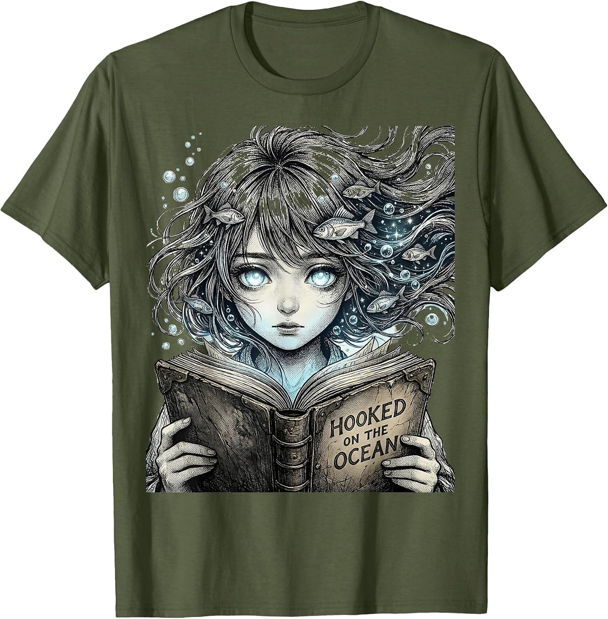 Men's Hooked on the Ocean Fishing Lover Design T-Shirt - Olive Green