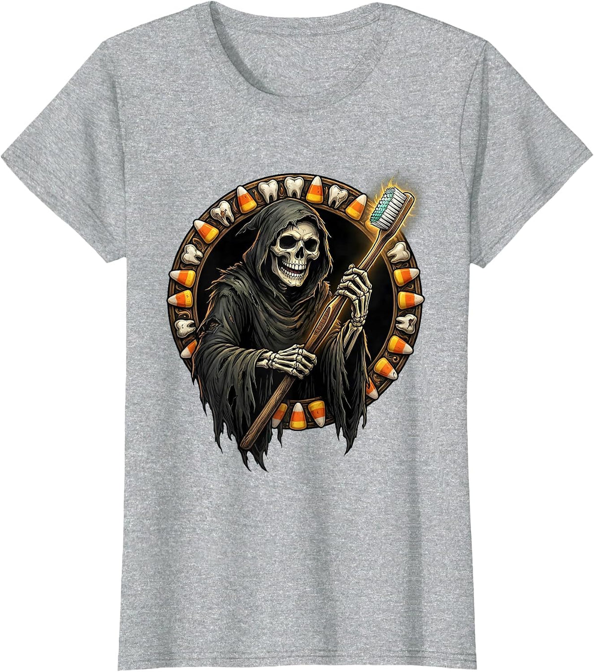 Women's Dental Halloween Grim Reaper Giant Toothbrush T-Shirt - Heather Grey