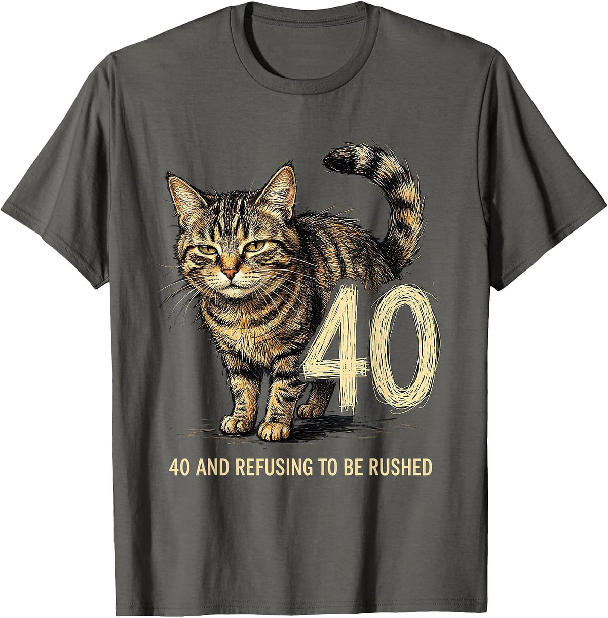 40 And Refusing To Be Rushed Playful Cat Birthday Humor T-Shirt - Asphalt Grey