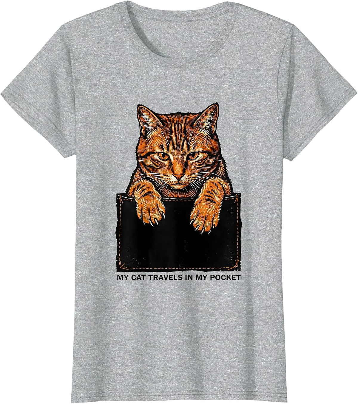Women's My Cat Travels In My Pocket Playful Cat Lover Linocut T-Shirt - Heather Grey