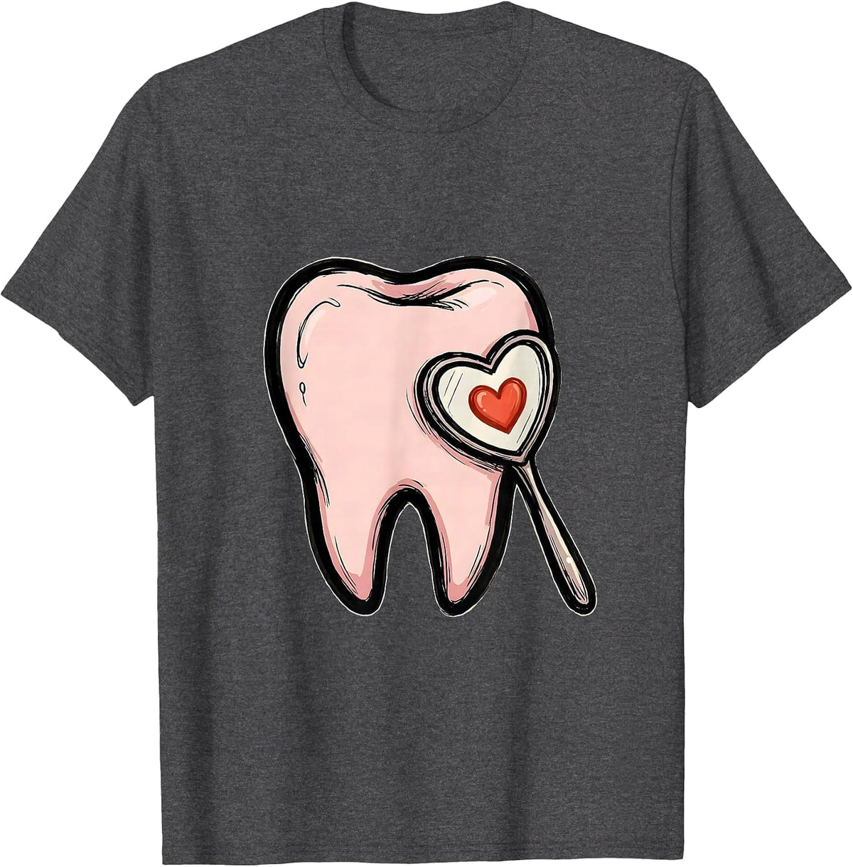Rounded Crown and Roots Dental Mirror Playful Humor T-Shirt - Dark Heather Grey