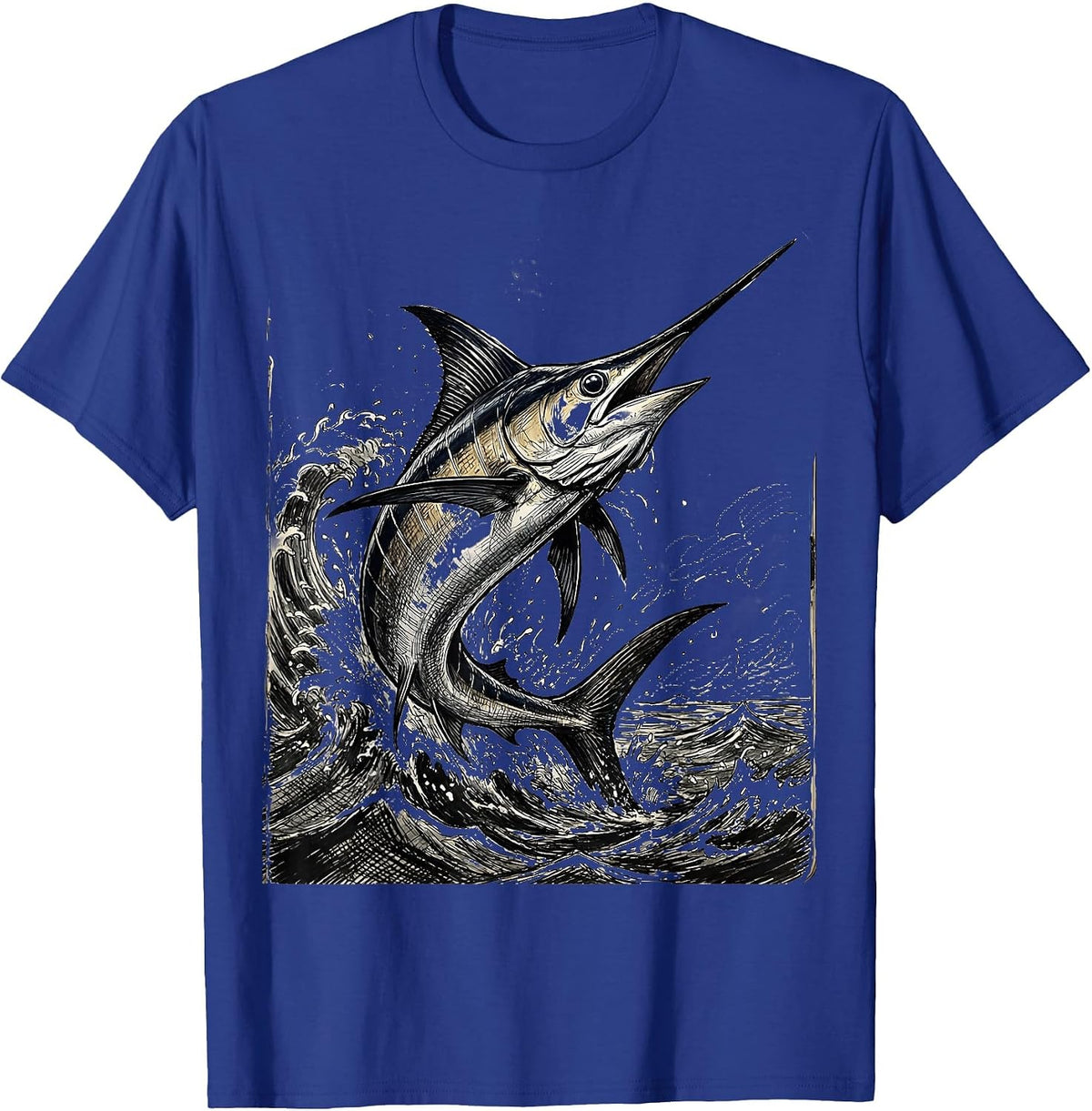 Marlin Jumping Ocean Waves Fishing Graphic T-Shirt - Royal Blue