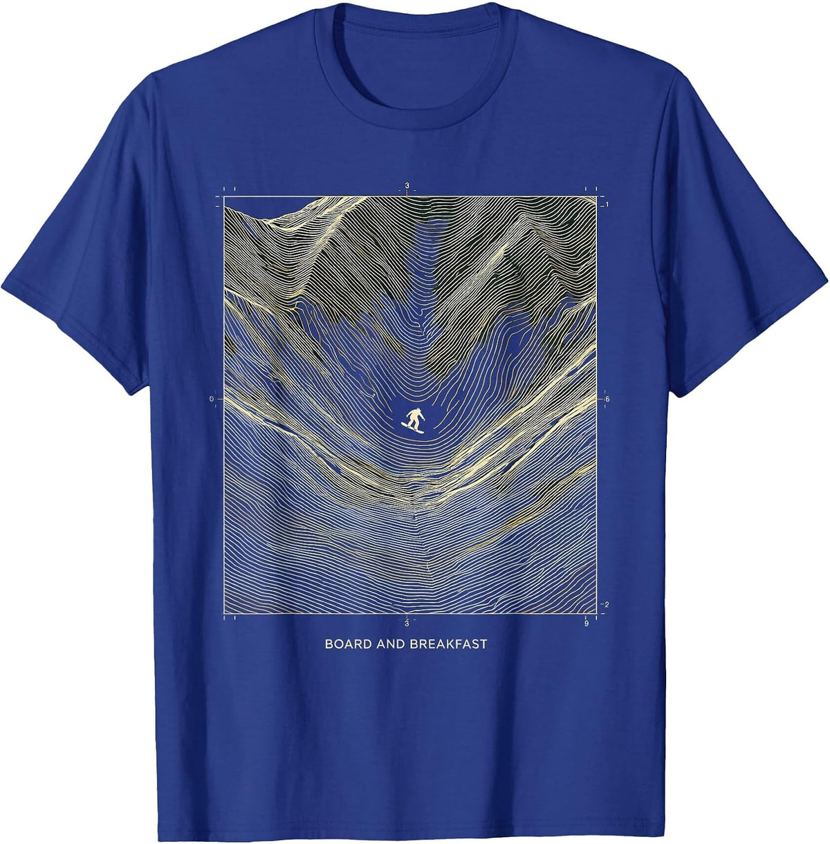 Board And Breakfast Topographic Contour Snowboarder Humor T-Shirt - Royal Blue