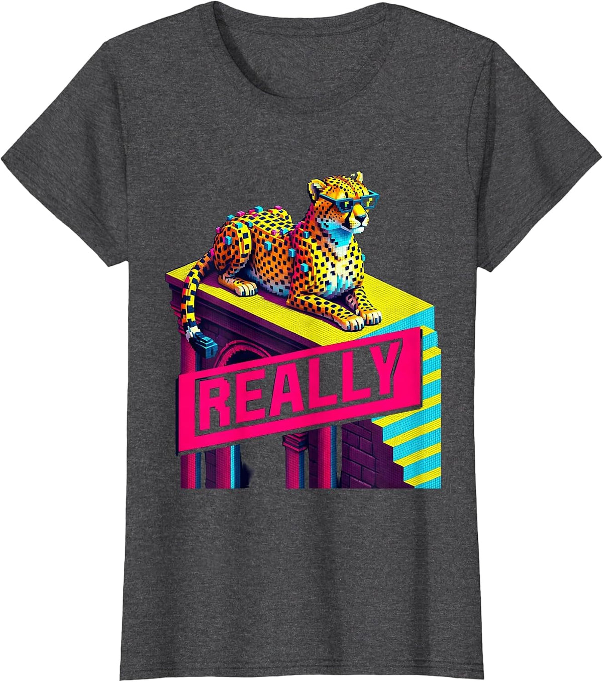 Women's Really Pixel Art Cheetah Lounging Funny Animal Lover Youth T-Shirt - Dark Heather Grey