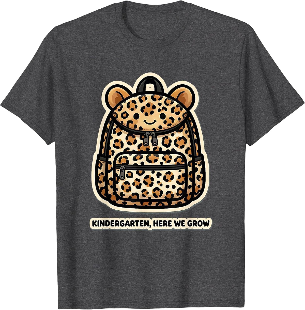 Kindergarten, Here We Grow Cute Leopard Print Teacher Back T-Shirt - Dark Heather Grey