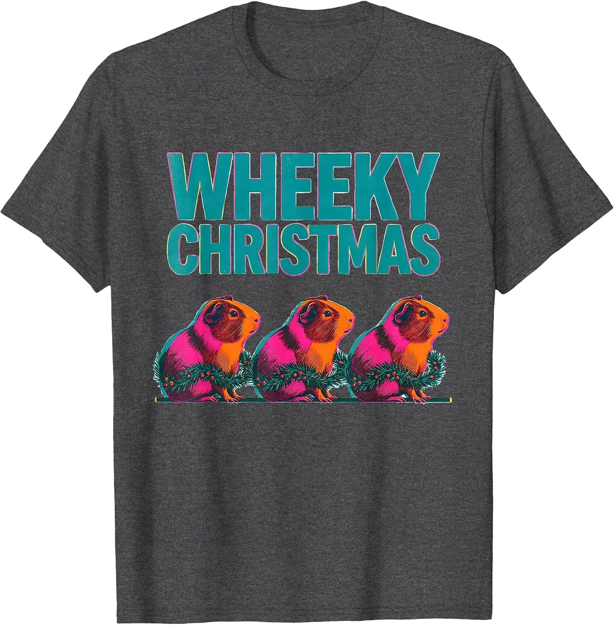 Wheeky Christmas Risograph Guinea Pig Pet Lover Holiday T-Shirt - Dark Heather Grey