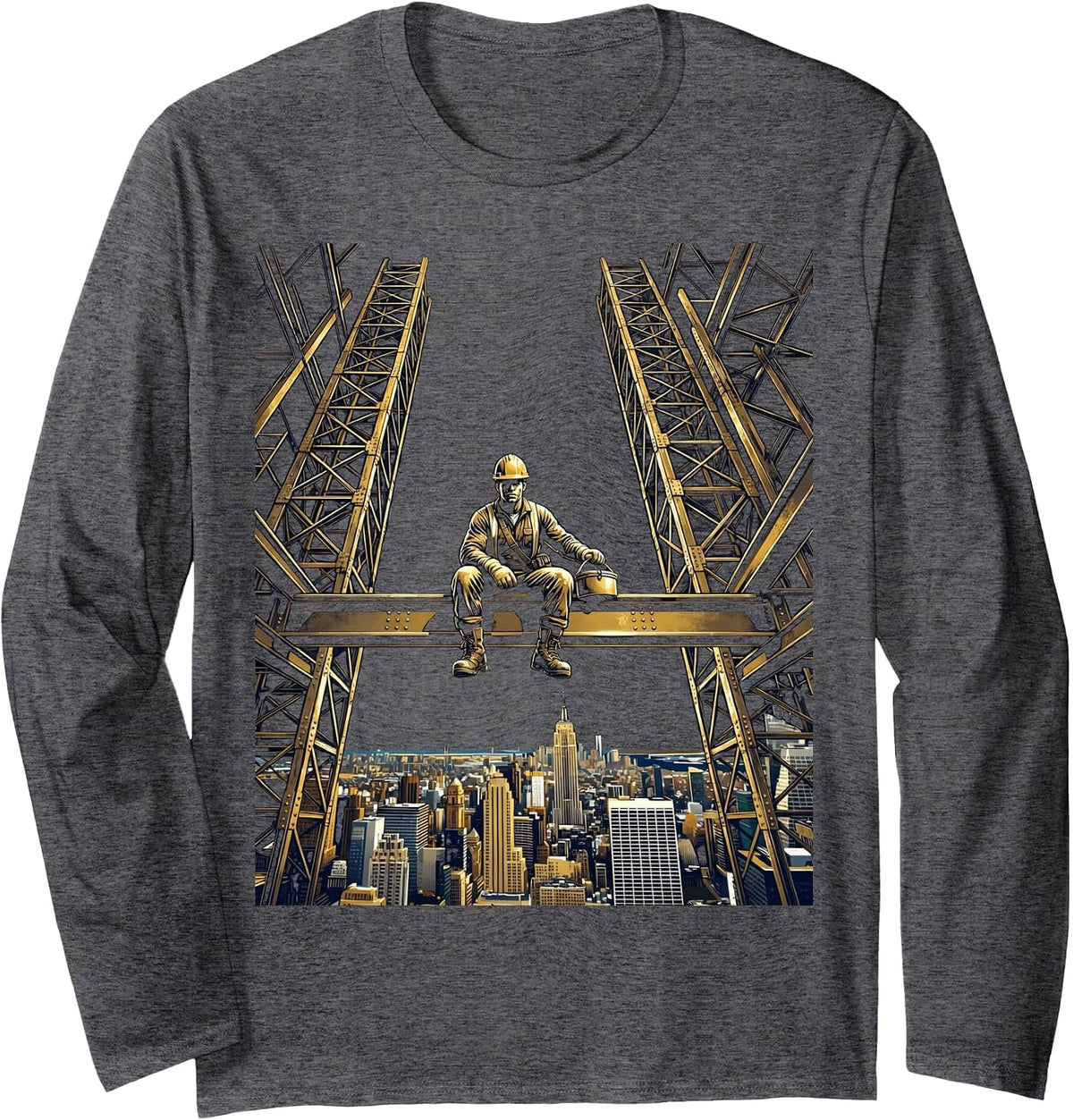 Iron Worker Skyscraper Steel Beam Silhouette Long Sleeve T-Shirt - Adult Unisex Dark Heather Grey