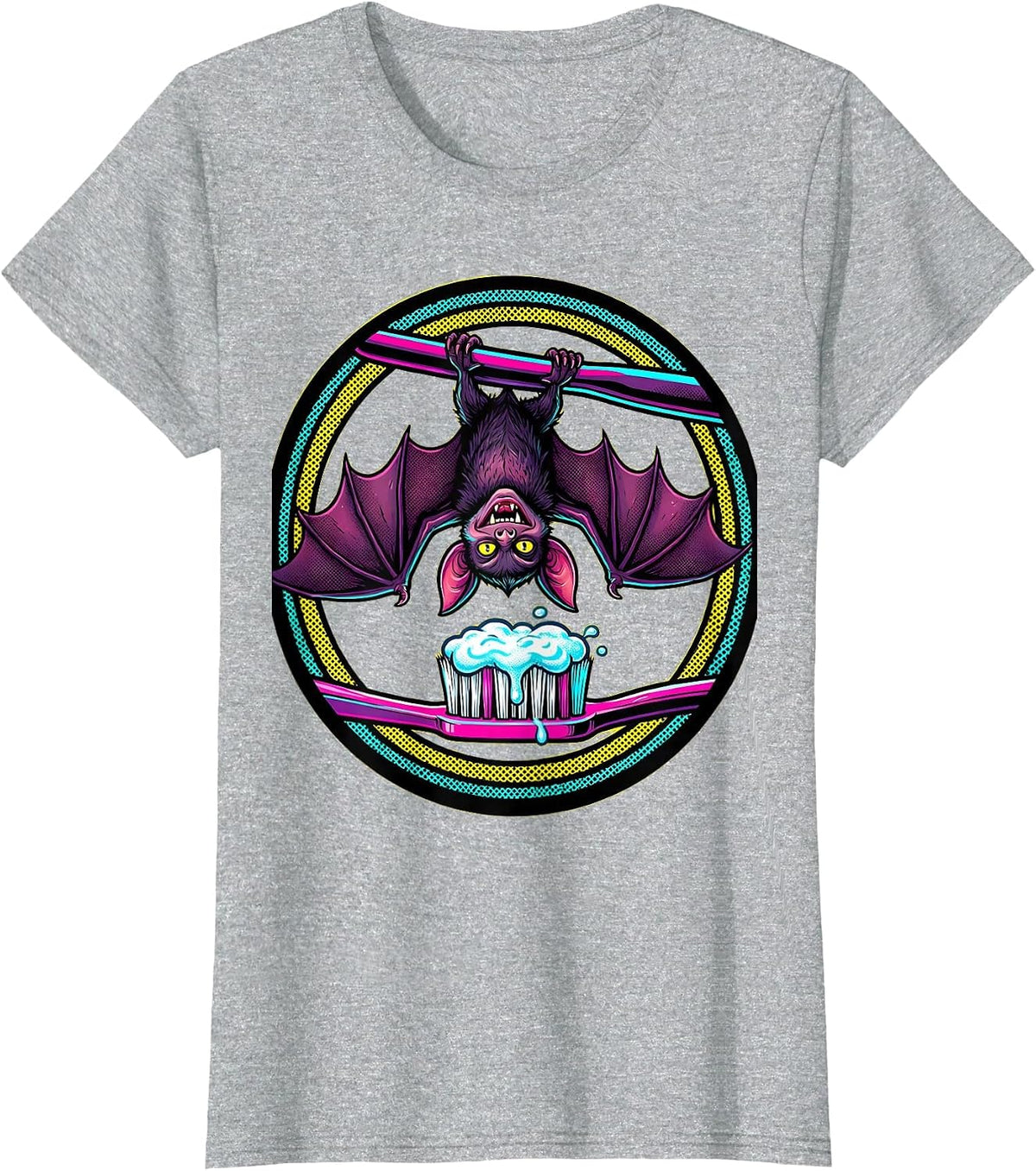Vampire Bat on Toothbrush Halloween Dental Design T-Shirt - Heather Grey