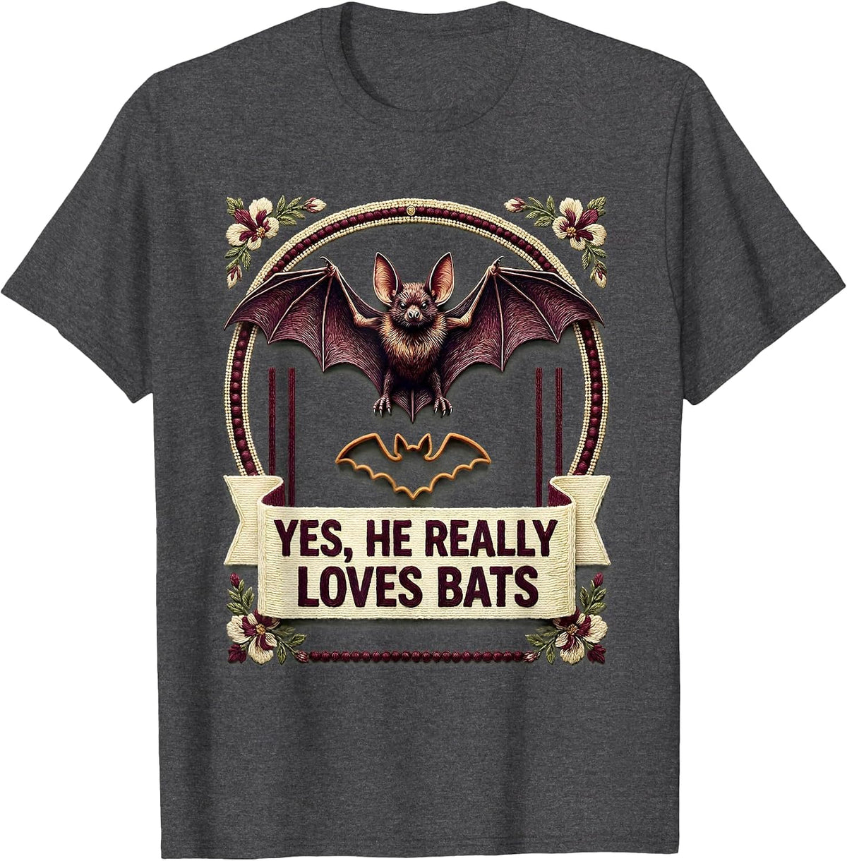 Yes, He Really Loves Bats Funny Bat Lover Halloween Humor T-Shirt - Dark Heather Grey