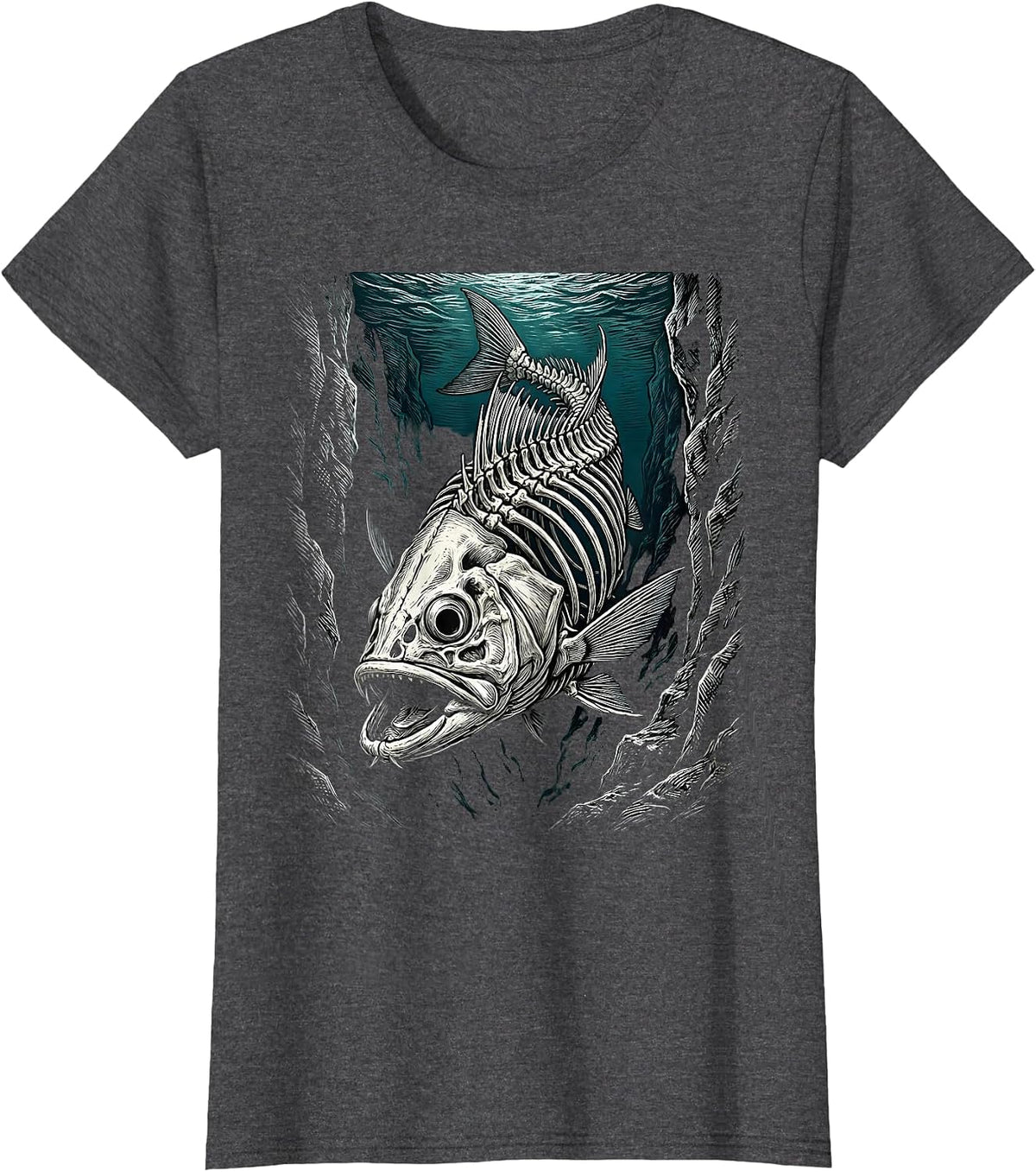 Women's Skeleton Fish Ocean Trench Deep Sea Illustration T-Shirt - Dark Heather Grey