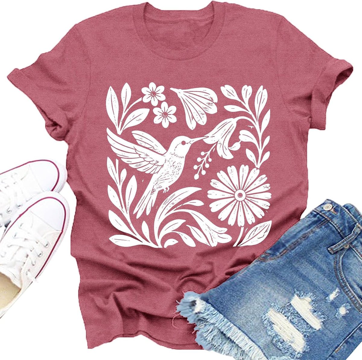 Hummingbird Shirts for Women Boho Woodcut Bird Flower Graphic Tee - Pink