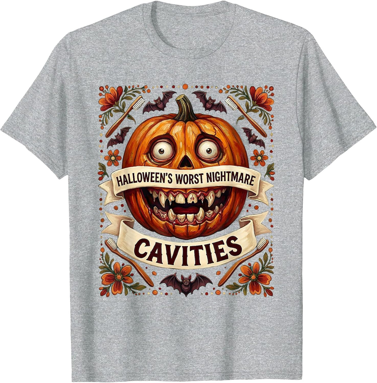 Men's Halloween's Worst Nightmare Cavities Dental Design T-Shirt - Heather Grey