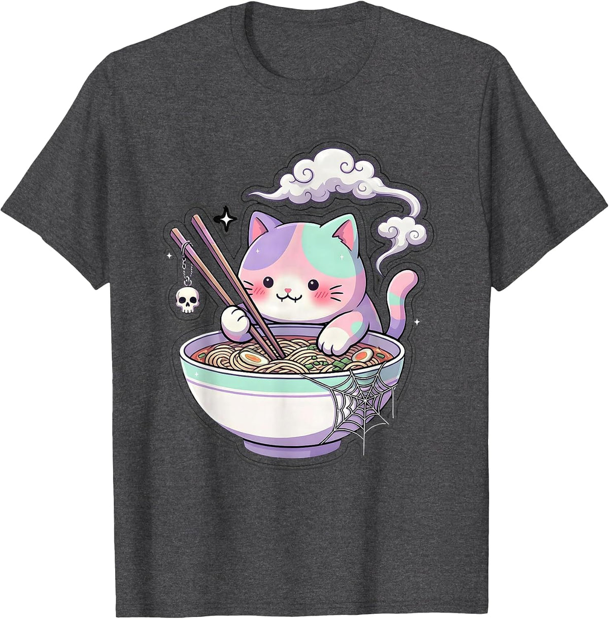 Cat Sipping Ramen Bowl With Chopsticks Graphic T-Shirt - Dark Heather Grey