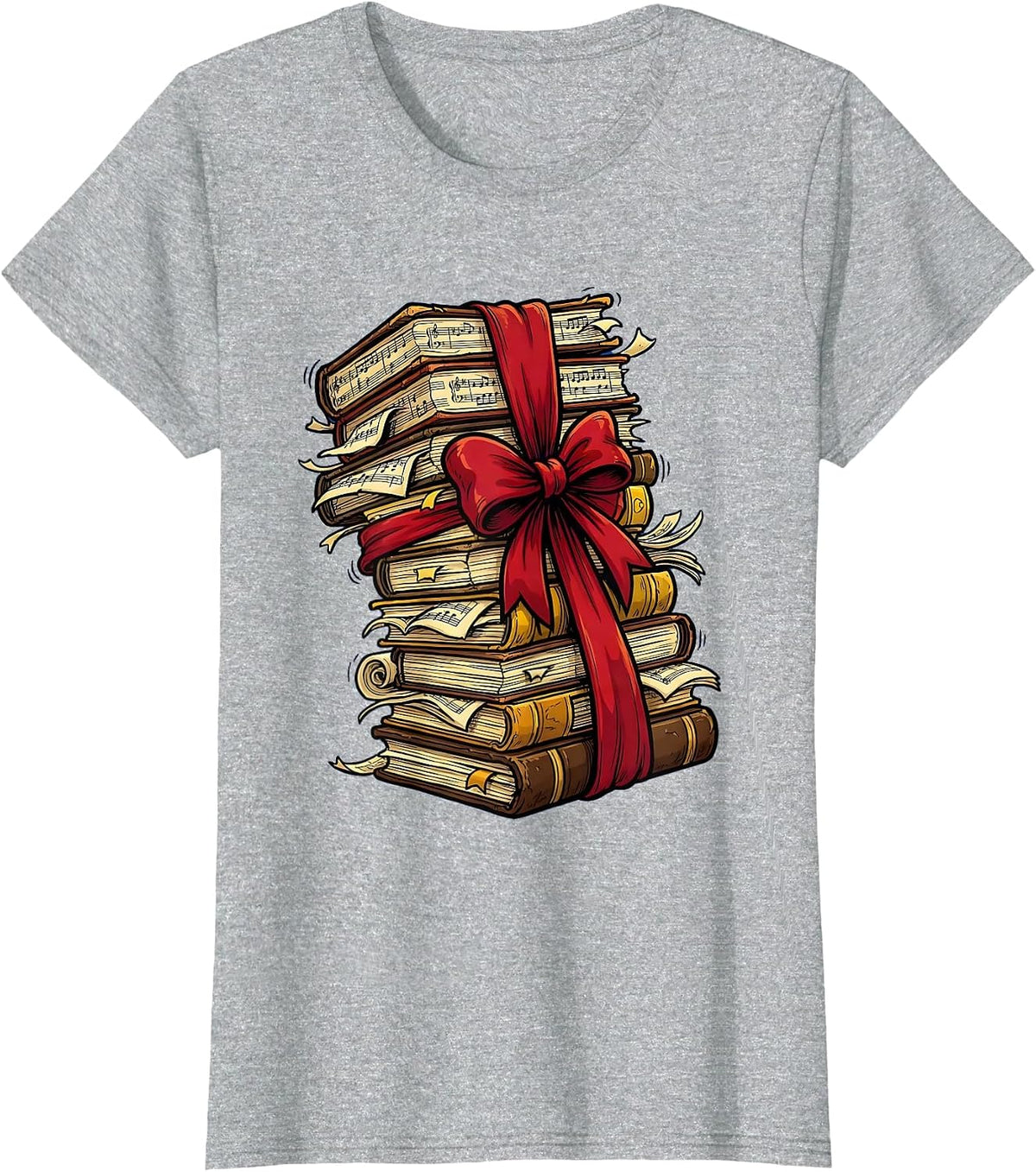 Women's Music Teacher Sheet Music Stack Graphic T-Shirt - Heather Grey